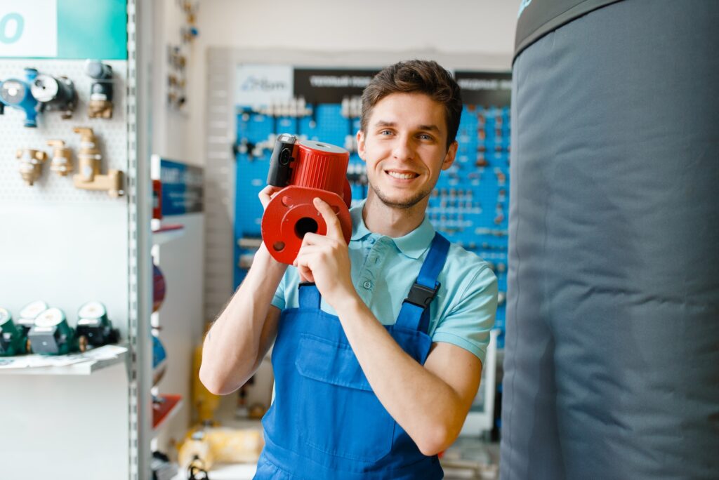 Plumber holds water pump, plumbering store