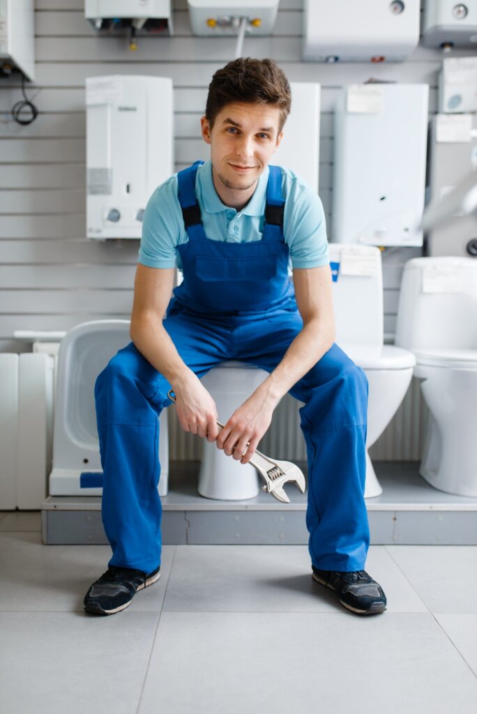 Plumber in uniform sitting on toilet in plumbering