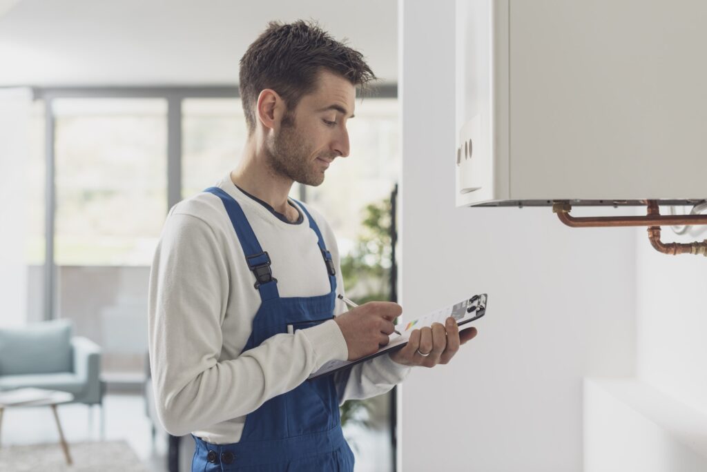 Professional plumber doing a boiler check